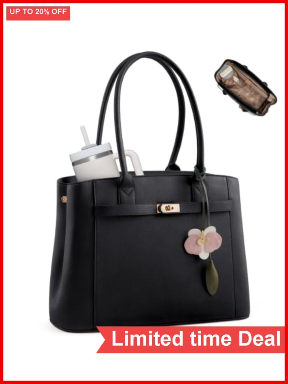 PU Leather Laptop Tote Bag with 40oz Cup Holder, Padded Compartment,